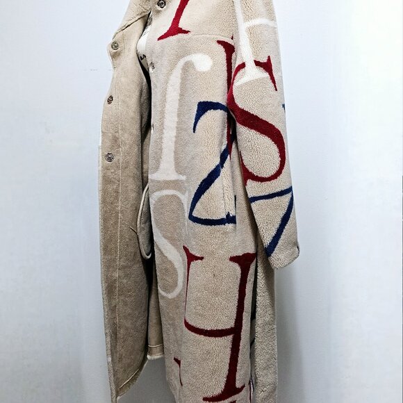New Unbranded Cocoon Wool Teddy Bear Coat Beige Belted Alphabet Print No Alpaca - Picture 11 of 13